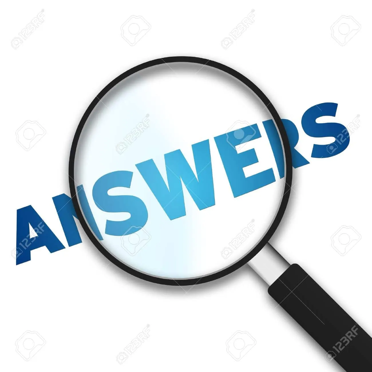 Magnifying glass over the word answers in blue text
