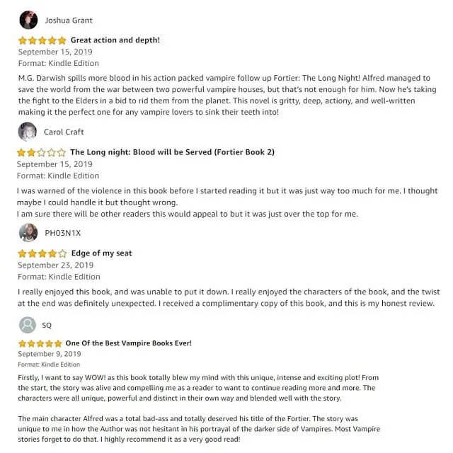 Early reader reviews for The Long Night, with ratings and quotes like “Great action and depth!”