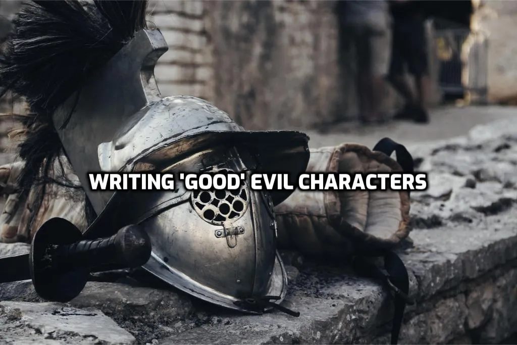 Gladiator helmets and sword with text, “Writing ‘good’ evil characters”