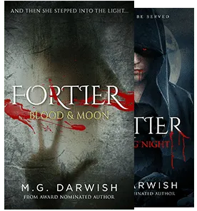 Cover of Fortier: Blood & Moon by M.G. Darwish, with a shadowed figure and red blood across the title