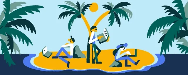 Writers reading and typing on a small tropical island surrounded by palm trees