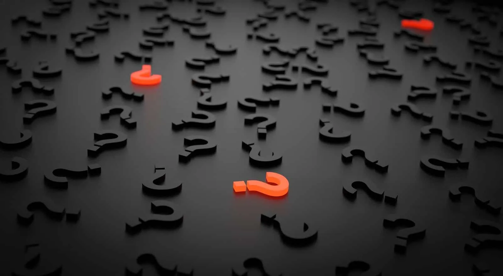 Black question marks with a few glowing red question marks scattered among them